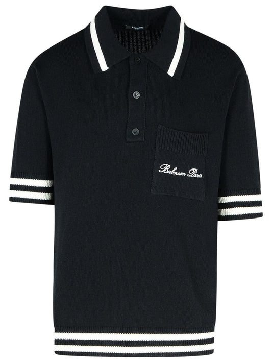 Balmain 'Signature' Black Cotton Blend Polo Shirt
