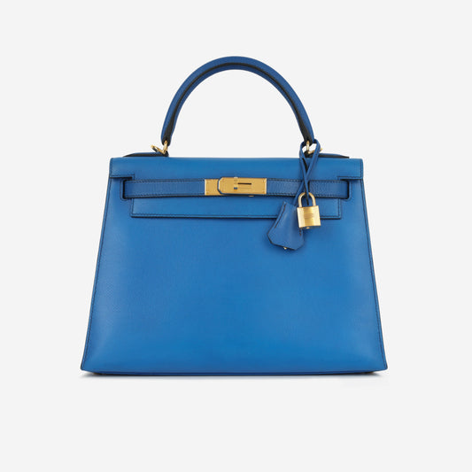 Hermès Vintage Kelly 28 - Bleu De France Courchevel | Gold Hardware